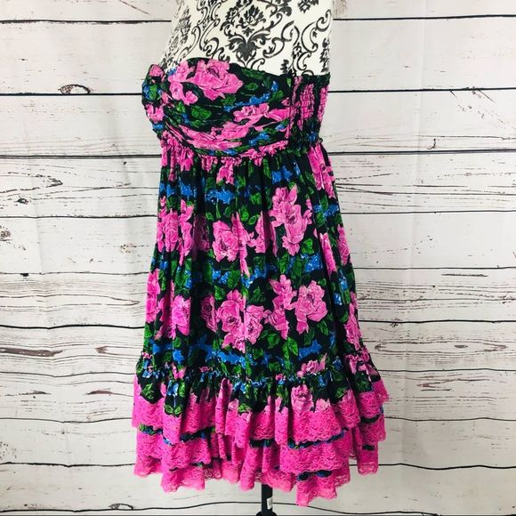 Betsey Johnson 100% Silk Floral Rose Strapless Babydoll Dress Lace Size 4 - Picture 7 of 13